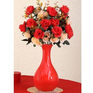 喜庆结婚花瓶插花一对红色陶瓷花瓶客婚房花束摆件台面婚房装饰