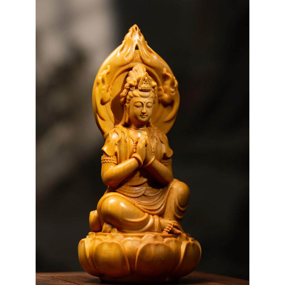 小叶黄杨木雕刻玄关汽车佛像供奉摆件工艺品收藏合掌观音