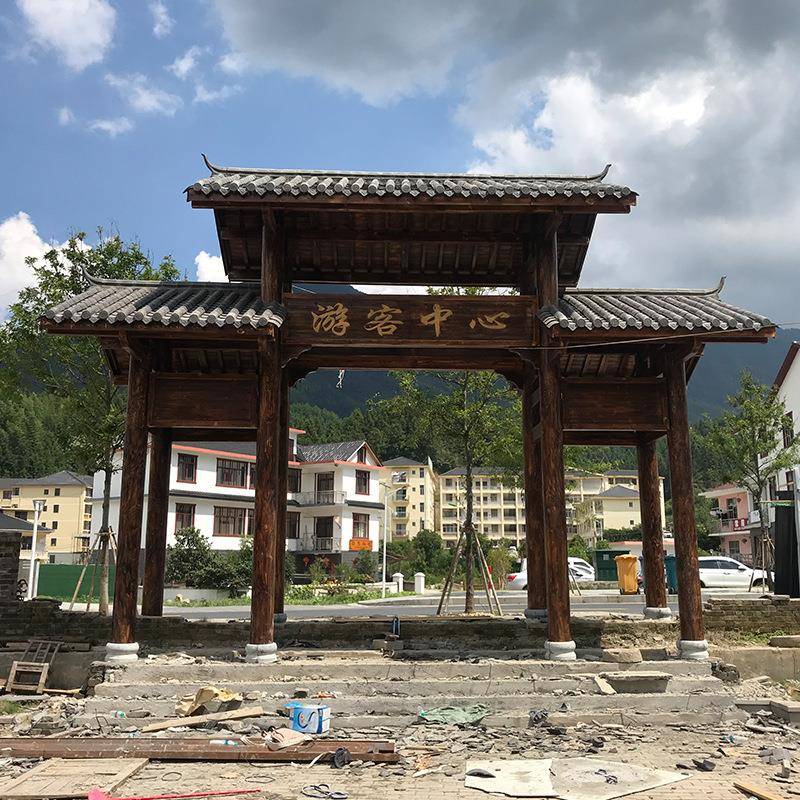 中式庭院门楼仿古实木门头古建门楼美丽乡村牌坊防腐木门楼
