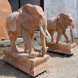 石雕大象一对晚霞红家用汉白玉门口摆件小象庭院大象