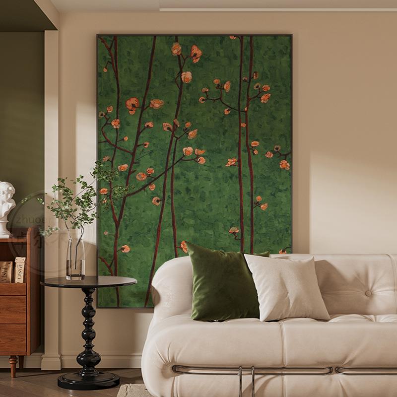 现代绿色复古南洋风梅花枝条客厅餐厅玄关装饰画卧室壁画竖版挂画