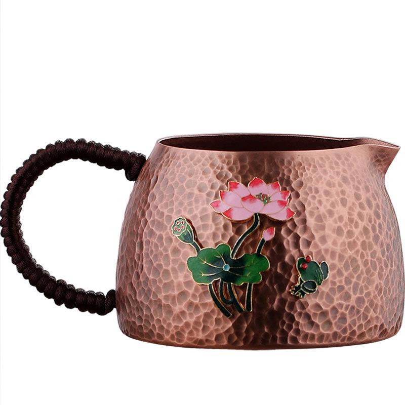 金玉香公道杯纯紫铜茶漏一体套装锤纹加厚分茶器侧把公杯镶银倒茶