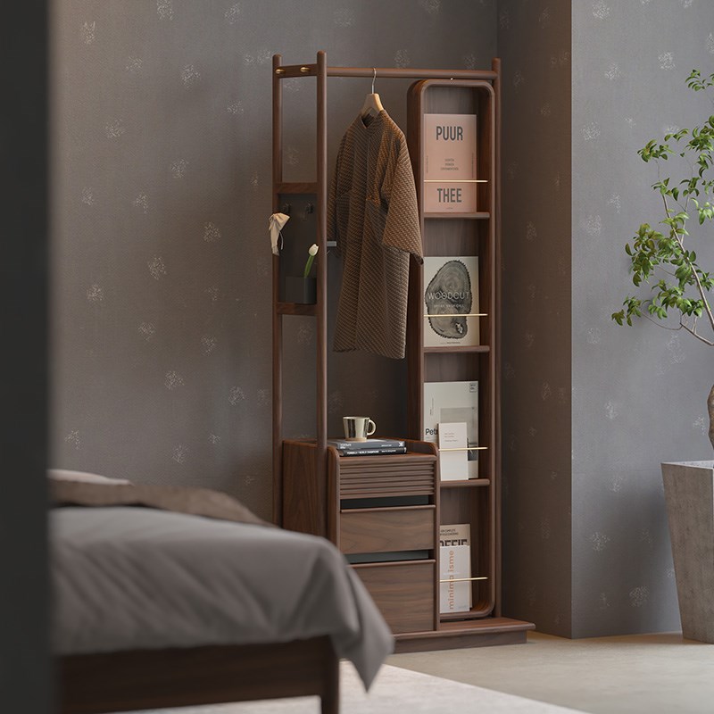 实木衣帽架落地卧室置物架带全身镜子黑胡桃家用穿衣W镜挂衣架一