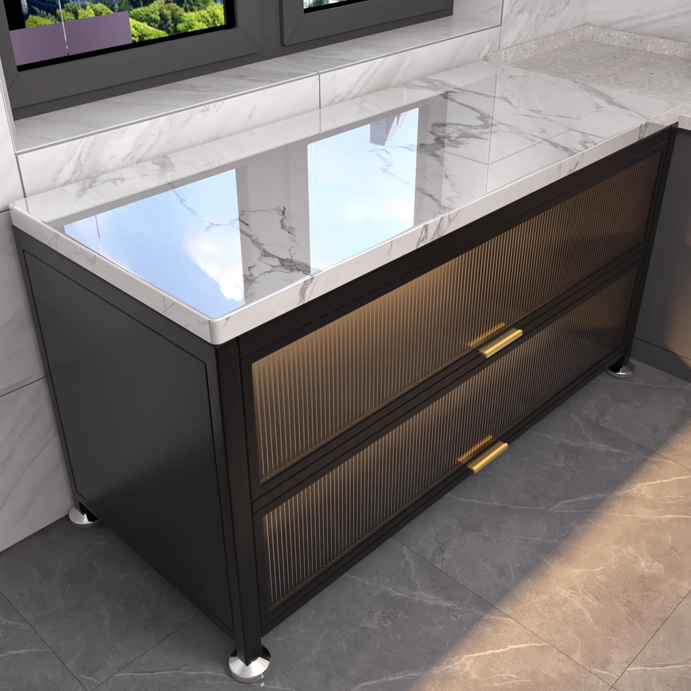 厨房岩板置物架微波炉收纳柜多层落地厨柜家用防尘碗柜储物柜