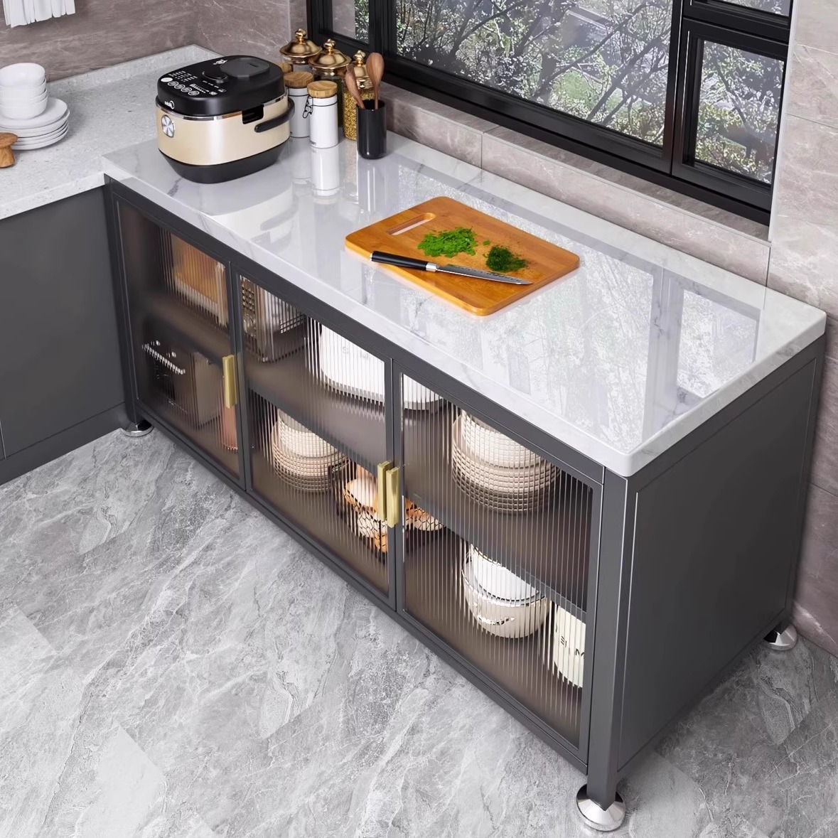 厨房置物架多功能岩板收纳柜落地岛台式碳钢餐边柜靠墙一体储物柜