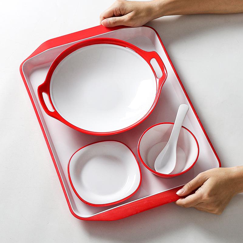 密胺红双色盘子快餐分装猪脚饭套创意沙深拉凉白皮186餐双耳盘