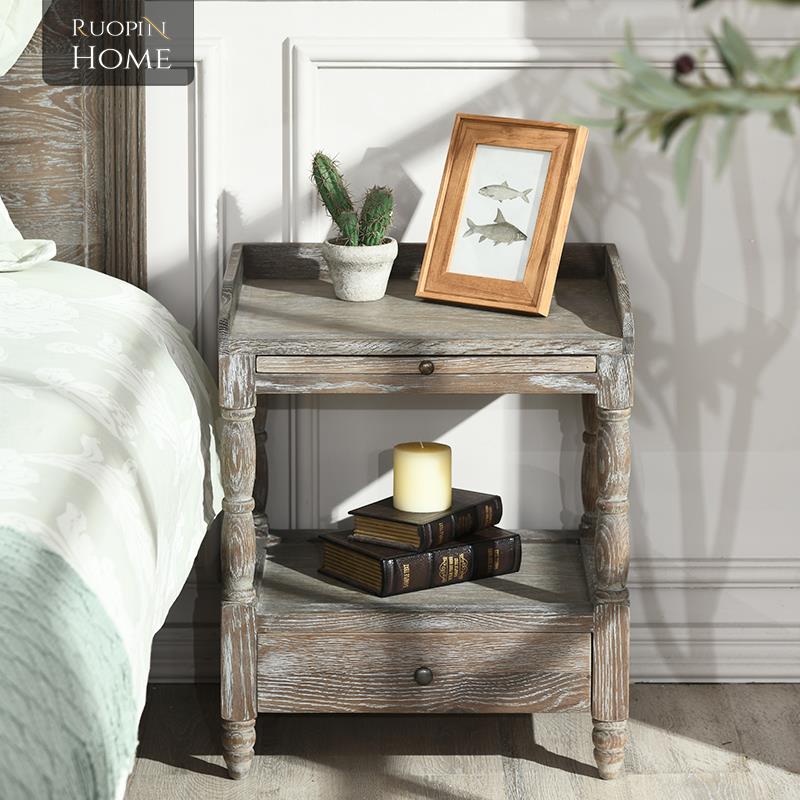 0J式美式法乡村格白F7SJ7MH6橡木柜实木复风边古做旧床头柜边桌沙