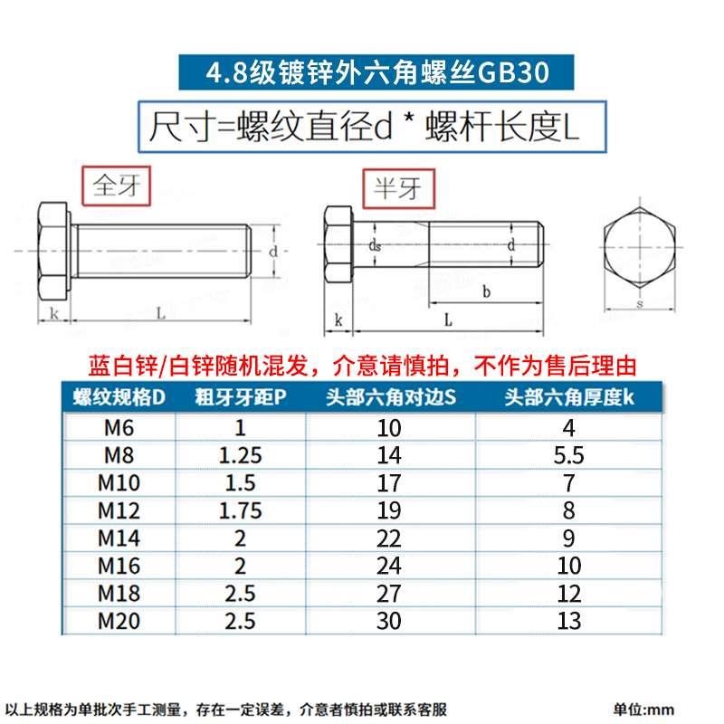 M4M5M6M8M10铁外六角螺丝GB30平头外六角螺钉六角螺栓六角头螺栓