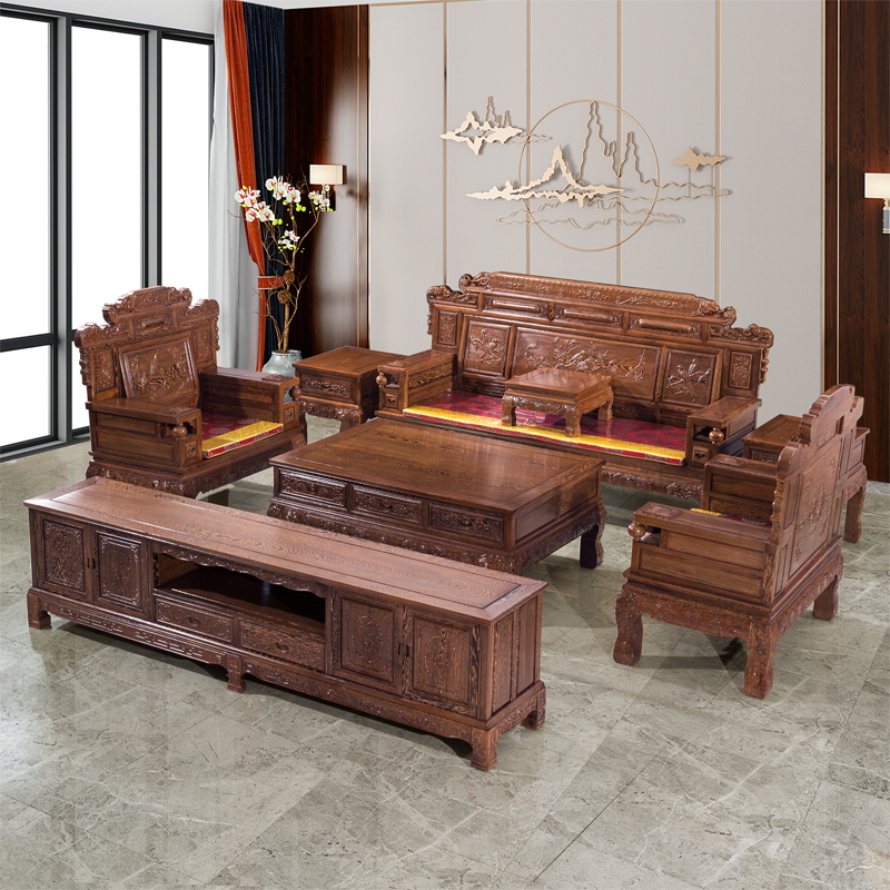 红木家俱鸡翅木原木财源滚滚沙发新古典中式雕花实木沙发茶几组合