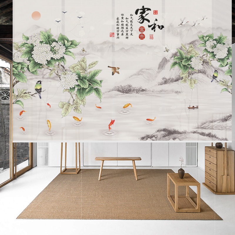 定做家用卧室客厅厨房厕所全遮光防窥窗帘中式富贵竹图案手拉卷帘