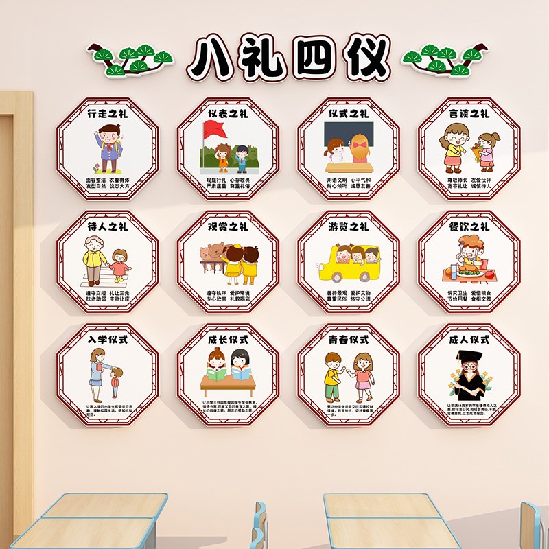 幼儿园环创成品墙布置o装饰材料背景八礼四仪走廊楼梯文化立体壁