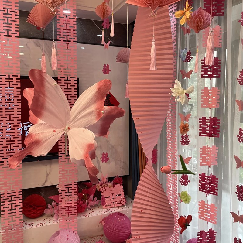 婚房布置套装客厅结婚装饰t男方女方新房粉色蝴蝶喜字晨袍背景挂