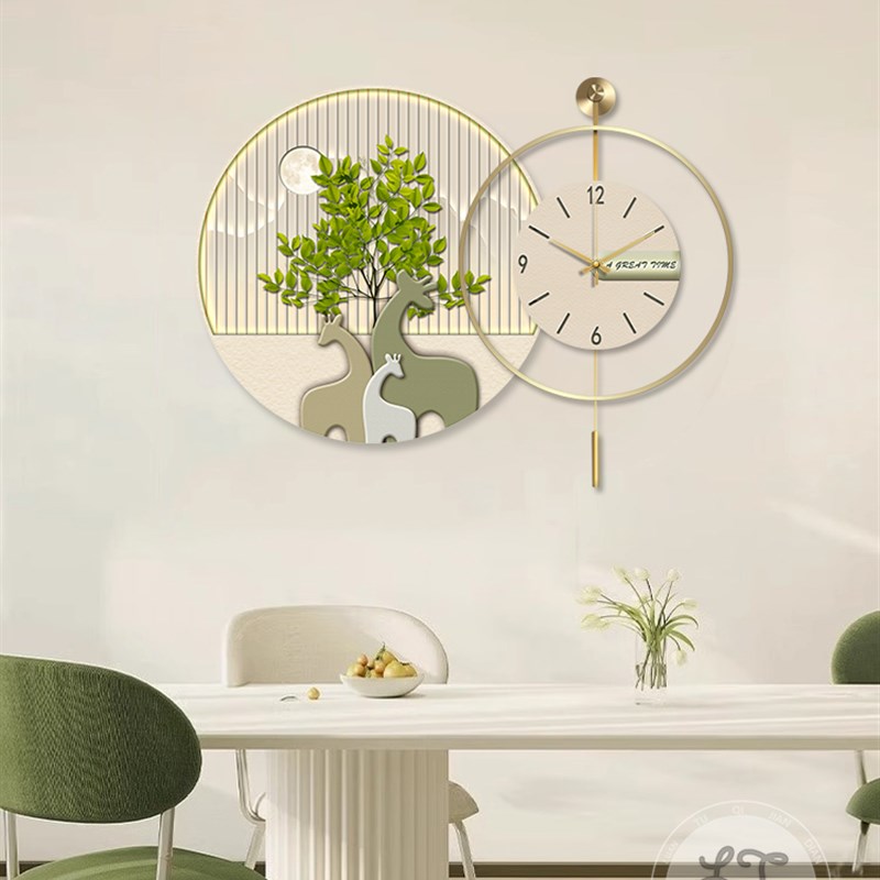 奶油风饭厅装饰画大象绿植钟表组合画饭厅餐桌墙面挂件.时钟挂钟