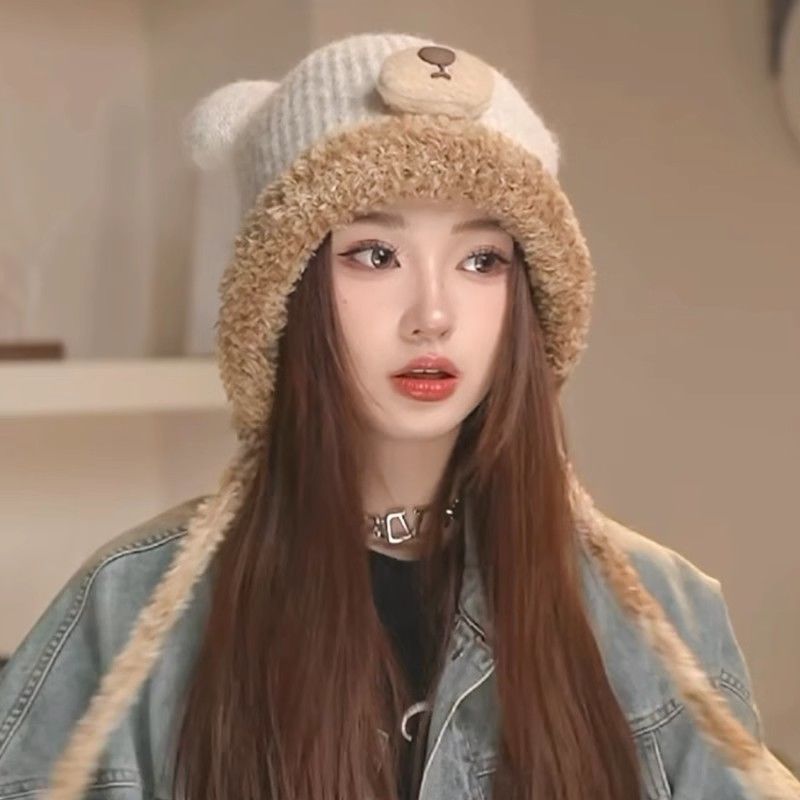 新女冬季可爱小熊毛绒帽子保暖加绒毛线帽防寒护耳防风包头针织帽