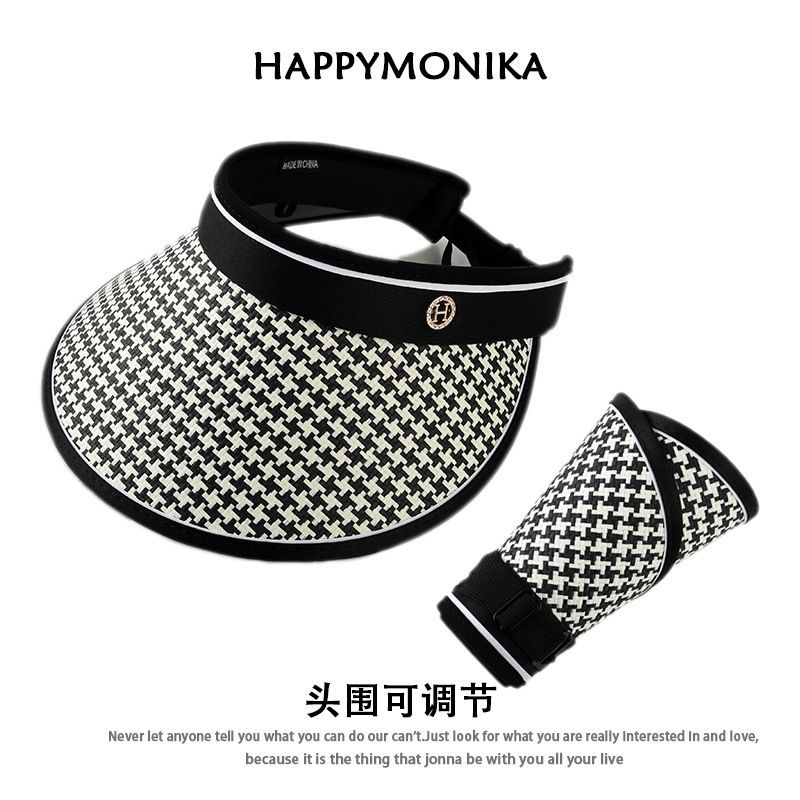 2025新款夏季大檐防晒遮阳帽子千鸟格紫外线草编遮脸空顶太阳帽