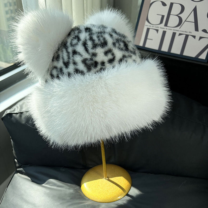 冬季复古豹纹耳朵渔夫帽保暖仿狐狸毛加厚保暖盆帽时尚百搭帽潮潮