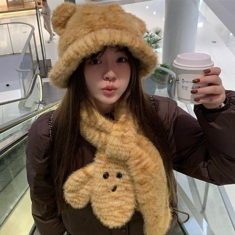 虎纹卡通可爱毛绒绒耳朵围巾保暖小熊子女渔夫帽豹纹防寒保暖围脖