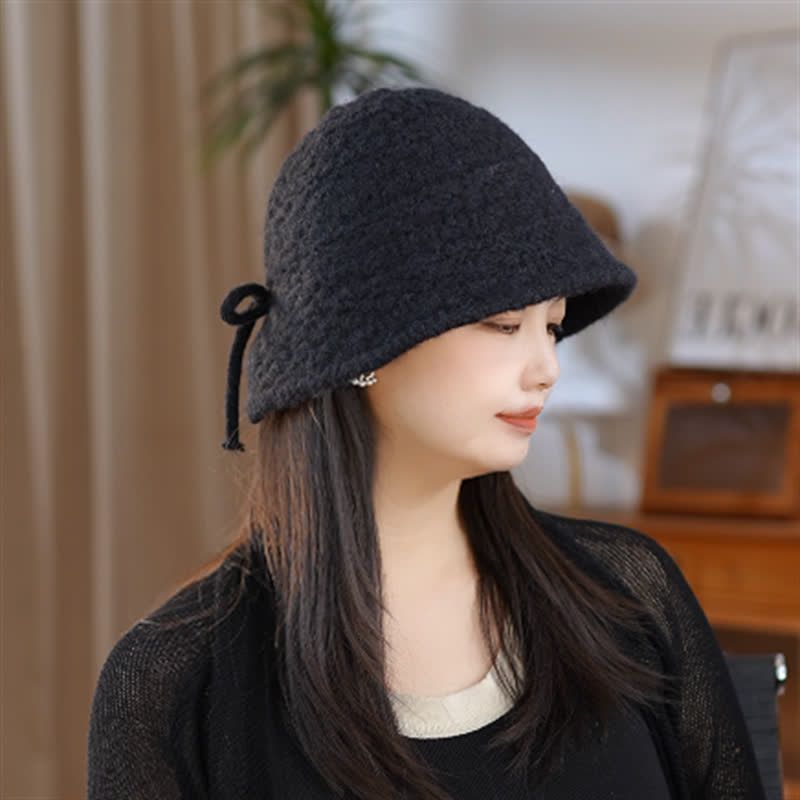 镂空针织渔夫帽子后开叉显脸小盆帽秋冬季甜美女保暖护耳水桶帽潮
