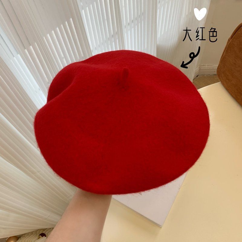 红色贝雷帽女秋冬天新年大红色帽子冬季复古枣红酒红色画家帽百搭