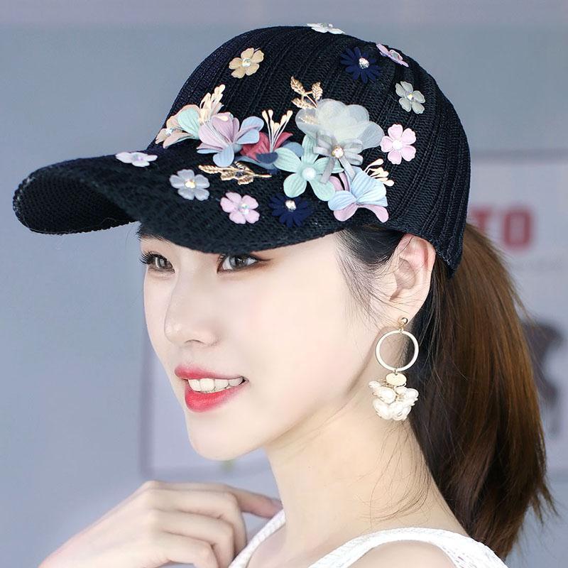 帽子女花朵镂空鸭舌帽夏季薄款透气网眼针织洋气棒球帽遮阳帽户外