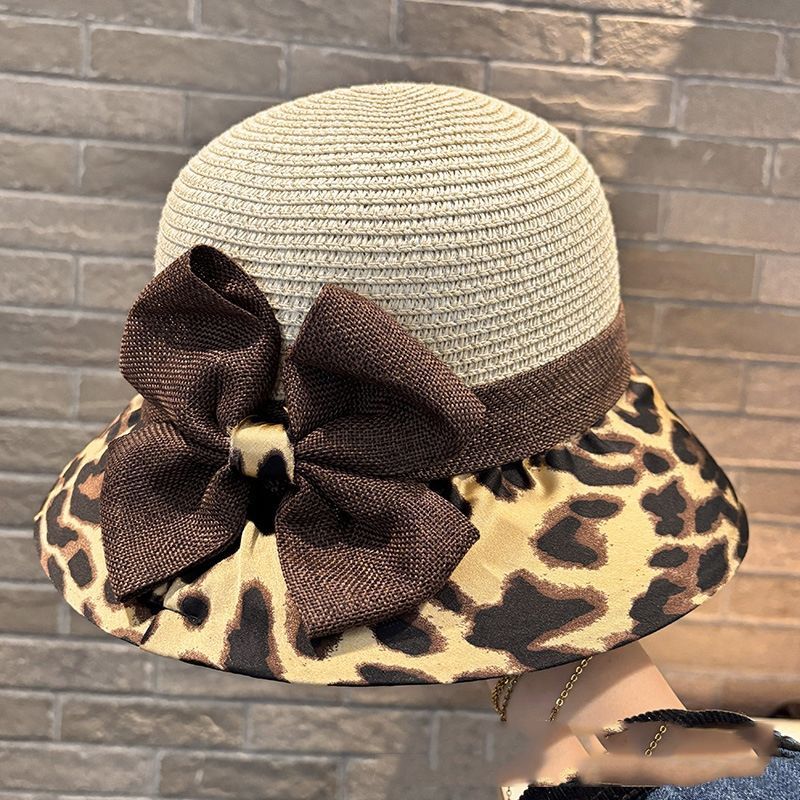 潮夏天韩版豹纹蝴蝶结帽子女草帽时尚遮阳帽沙滩旅游帽可折叠盆帽