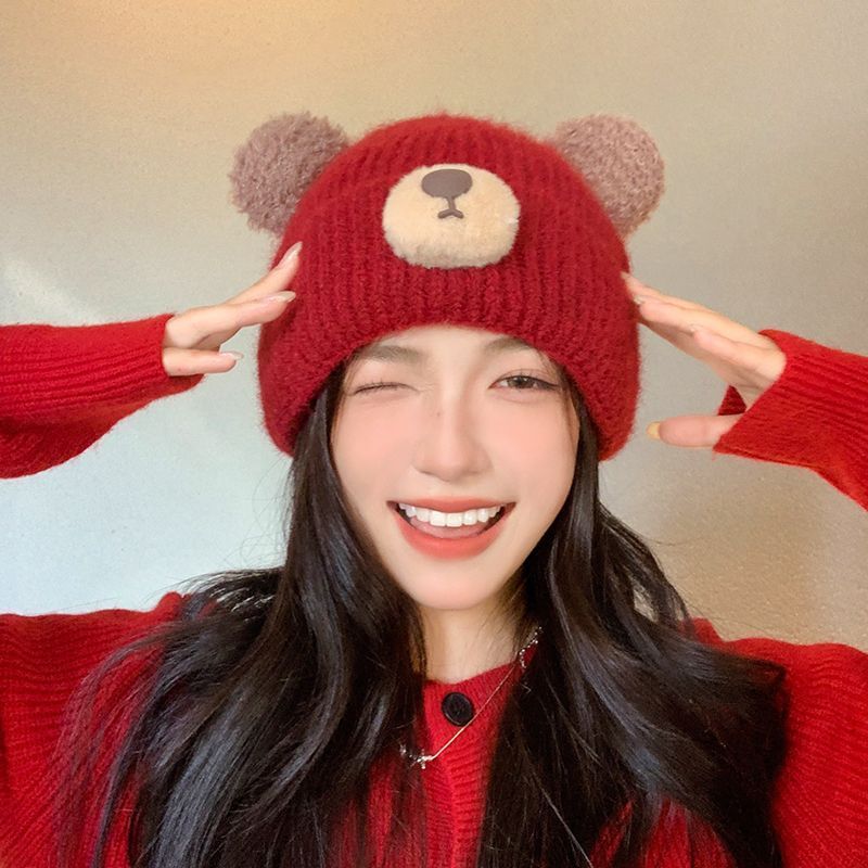 2024新款红色针织毛线帽子女款秋冬加厚保暖韩版可爱时尚包头帽潮