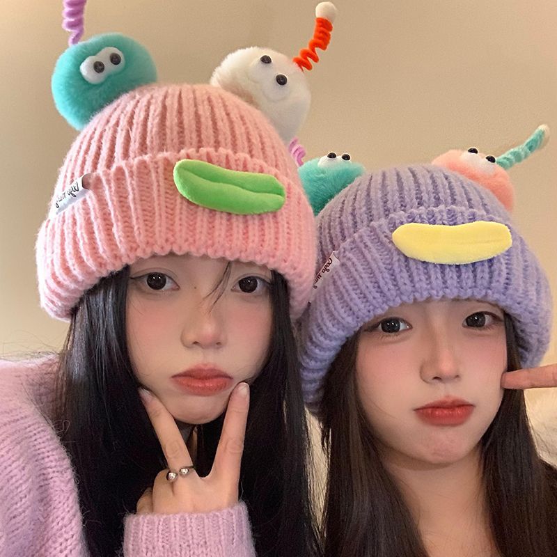 韩版可爱丑萌搞怪毛线帽女秋冬季显脸小保暖针织大头围护耳帽子