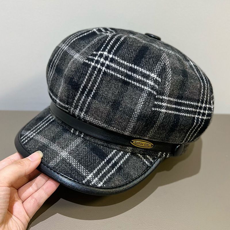 英伦八角帽帽子女款2024新款格子复古鸭舌帽显脸小贝雷帽秋百搭帽