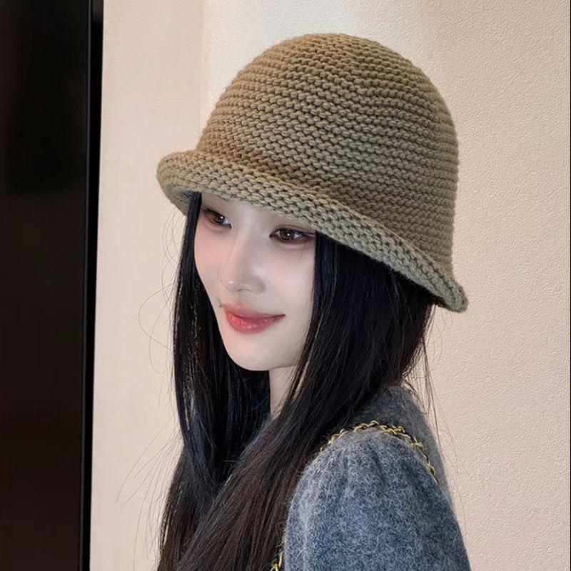 韩版大头围复古粗棒针羊毛卷边盆帽女秋冬ins显脸小桶帽渔夫时尚
