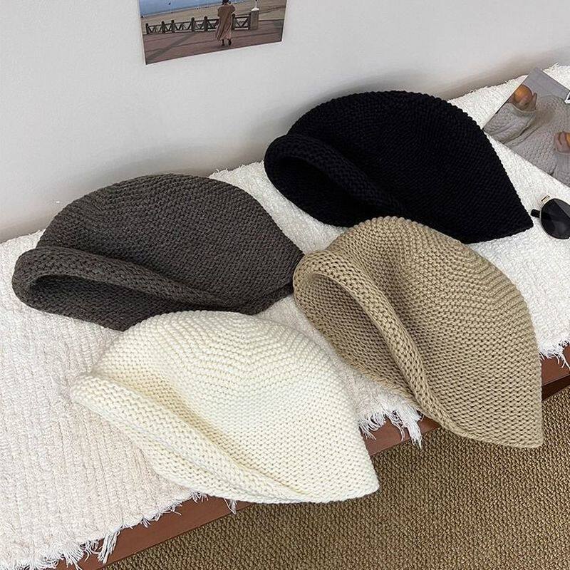 2025新款韩版羊毛针织卷边水桶帽子女秋冬复古咖色渔夫盆帽大头围