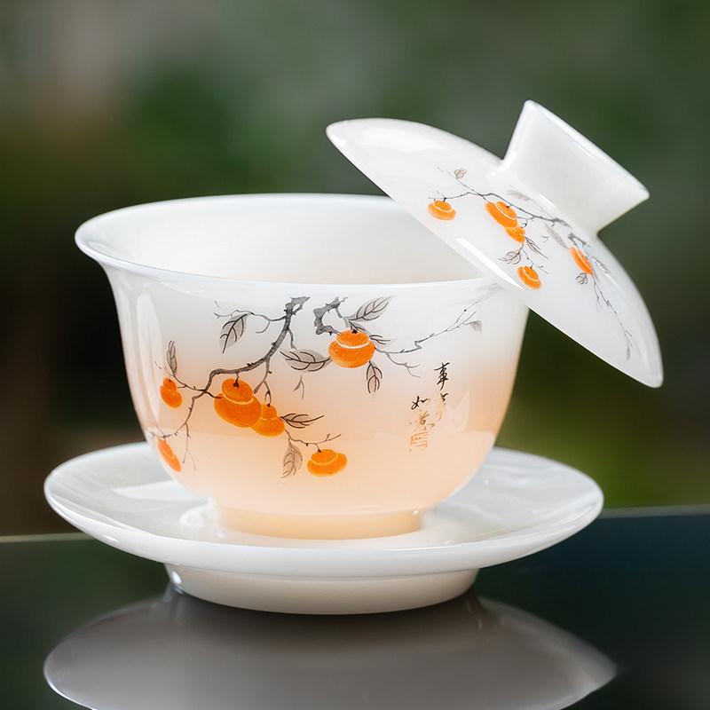 冰种璞玉白瓷盖碗泡茶器三才茶碗手抓泡茶碗防烫陶瓷功夫茶具家用