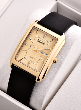 正品HOHE手表 男士超薄方形疯马真皮石英表 时尚休闲夜光防水男表