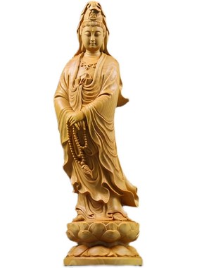 黄杨木木雕立莲观音菩萨12厘米迷你型随身携带桌面供奉Z平安小摆