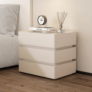 现代简约实木牀头柜奶油风皮艺岩板牀边柜3层意式轻奢整装柜子皮