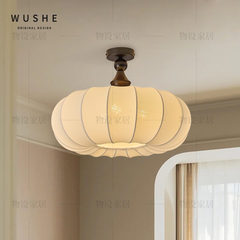 法式中古风卧室吸顶灯复古设计感白蜡G木布艺吊灯书房卧室吸顶灯