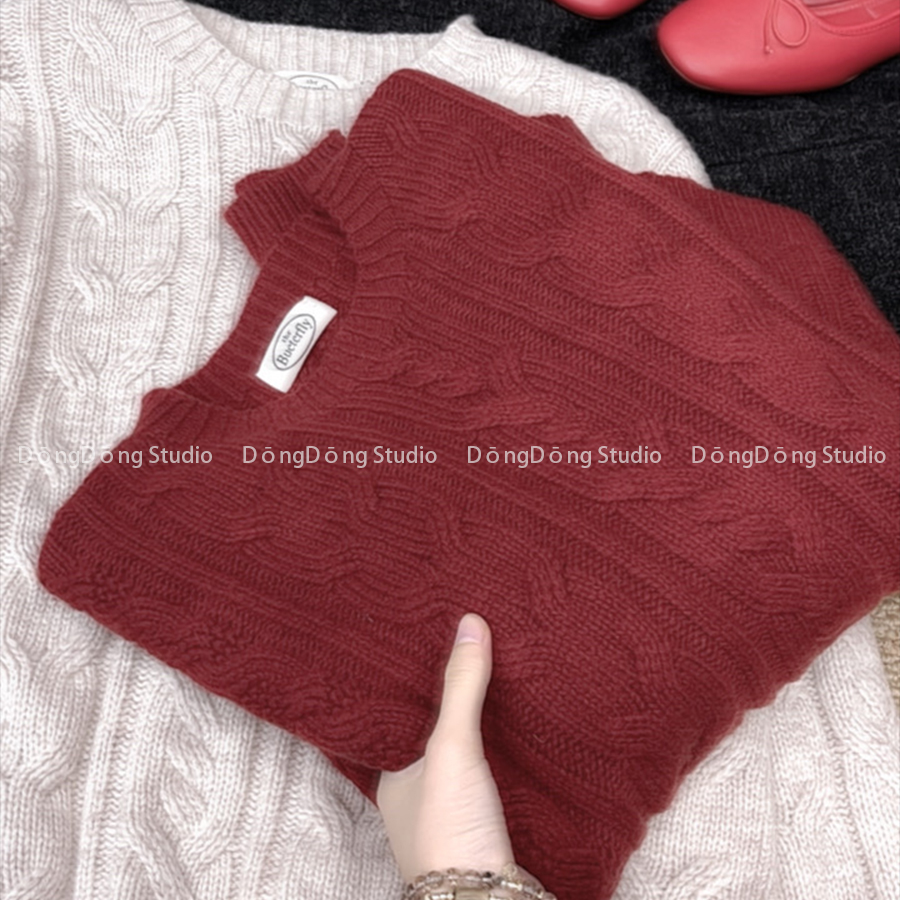 秋冬新品【发财麻花】圆领套头纯色宽松长袖针织衫保暖厚毛衣6956