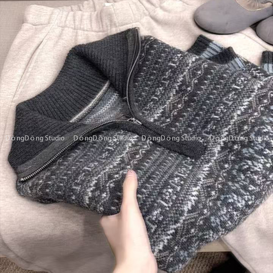 秋冬新品[灰珐琅]拉链翻领套头提花宽松长袖针织衫毛衣 98359