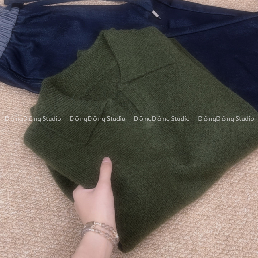 定染色！[发财绿]剪刀翻领套头纯色宽松长袖针织衫保暖厚毛衣081