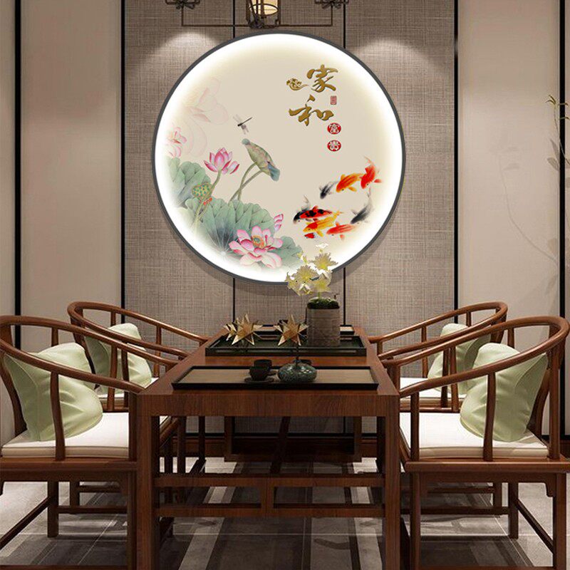 新中式九鱼图带灯装饰画玄关走廊茶室背景墙壁画发光圆形荷花挂画