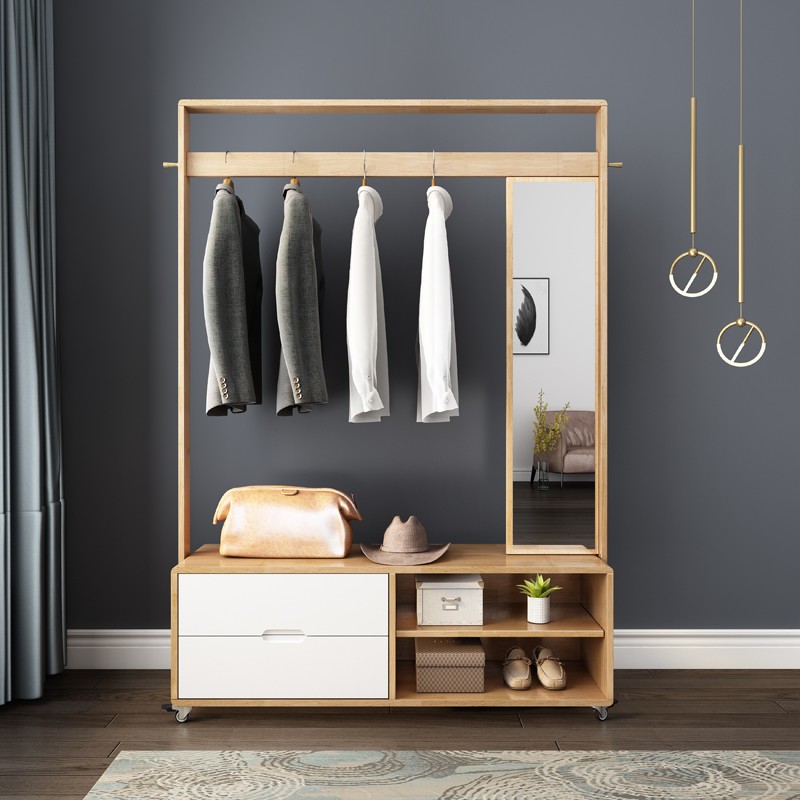 衣帽架带镜子一体试衣镜实木衣架落地卧室挂衣架多功能家用置物架