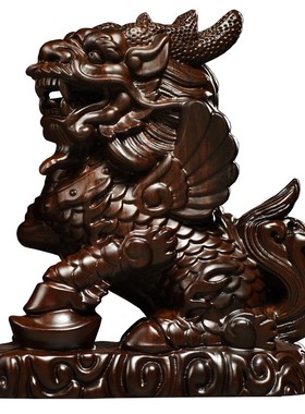 黑檀木雕麒麟一对摆件实木质瑞兽家居客厅办公桌面装饰红木工艺品