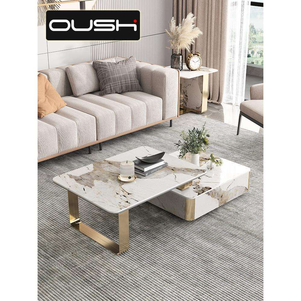 意式轻奢CC亮光岩板可伸缩电视柜茶几组合大小户型客厅拉伸地柜