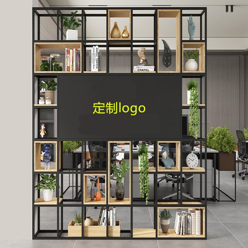 办公室前台隔断柜进门玄关置物铁艺镂空屏风背景架LOGO公司形象墙