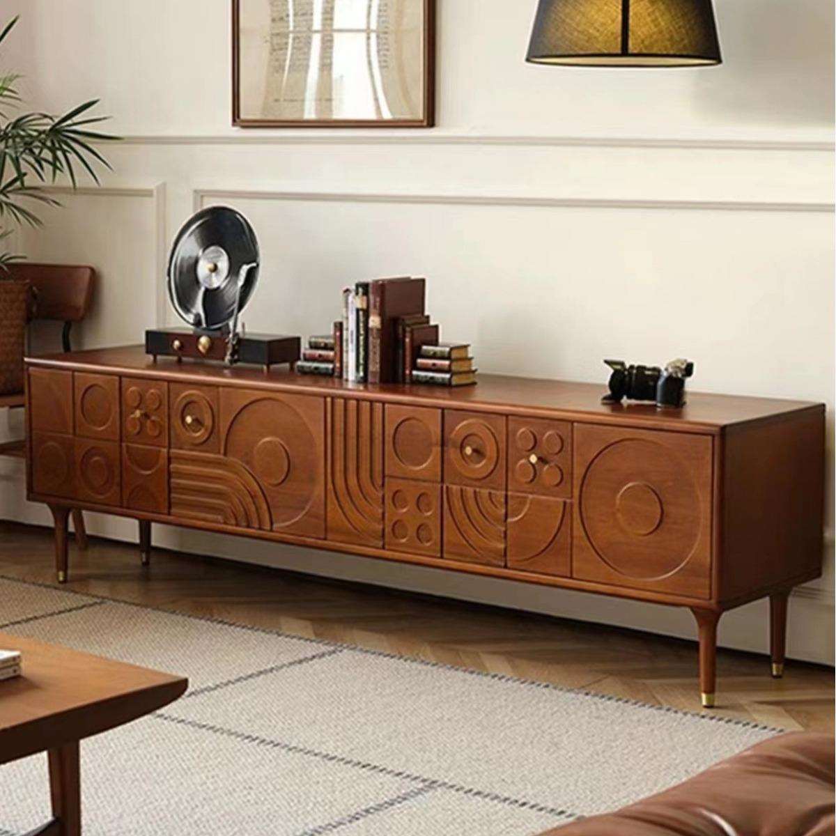 北欧表情全实木中古实木雕花复古黄杨木客厅小户型电视柜茶几组合