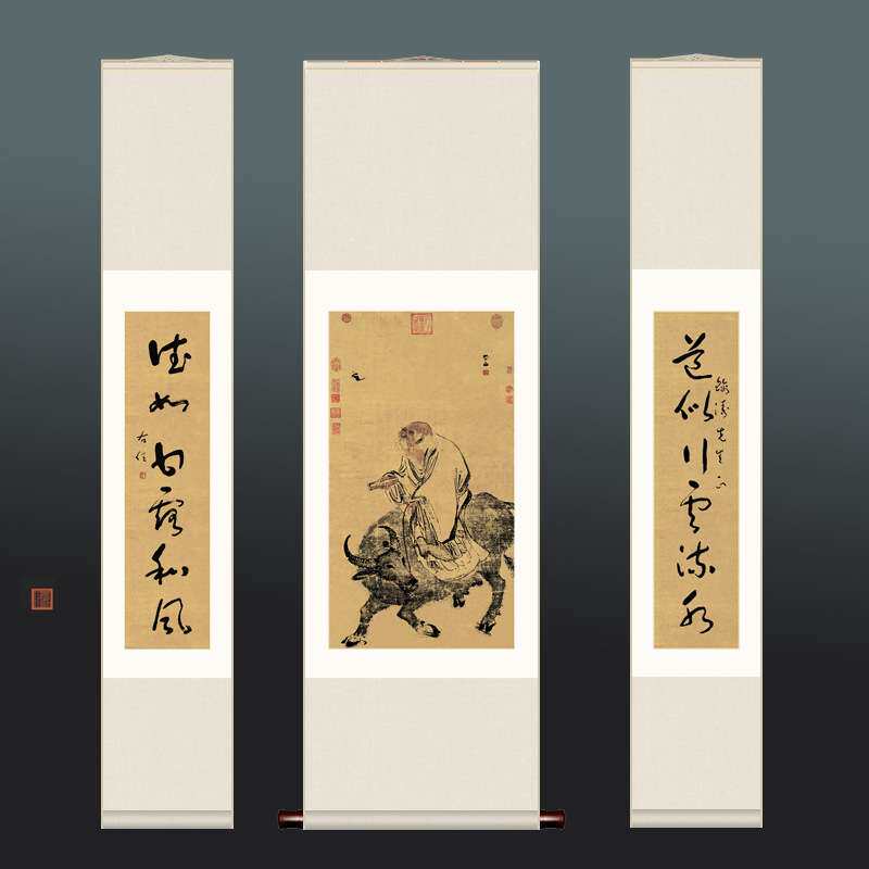 孔子画像老子骑牛图供奉学堂书房客厅卷轴挂画竖版喷绘复古