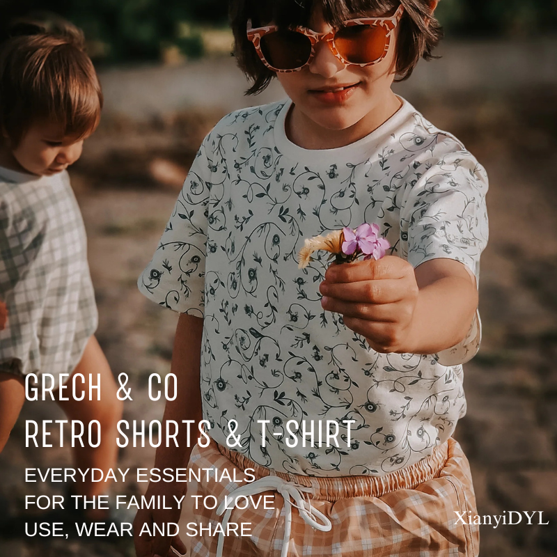 Grech&Co2025春夏男童女童纯棉有机棉碎花格纹宽松短袖和短裤套装