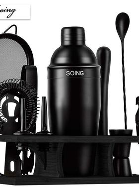 SOING调酒器套装304不锈钢雪克壶美式雪克杯带木架入门级调酒工具