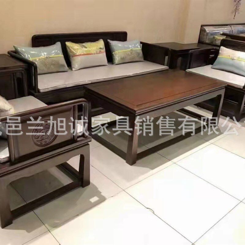 新中式北方老榆木沙发六件套中式小户型转角沙发酒店会所实木家具