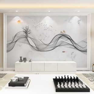 现代新中式墙纸墙布抽象水墨山水客厅无缝壁画大气电视背景墙壁纸