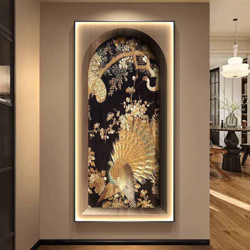 南洋复古风孔雀玄关装饰画花鸟走廊过道挂画客厅入户竖版带灯壁画图片